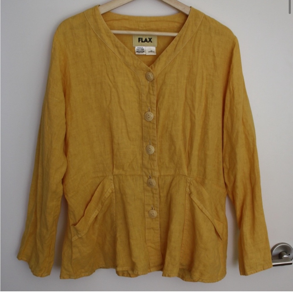 Vintage FLAX 100% Linen Marigold Yellow V Cut Long Sleeve Button Top
